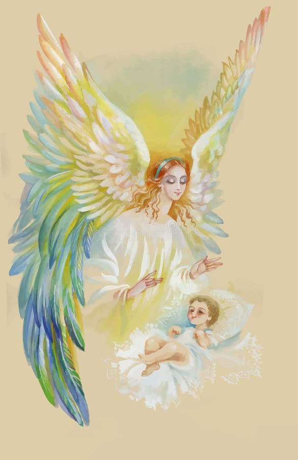Beautiful Angel with Wings Flying over Child, Watercolor Illustration. vector illustration Beautiful Angel with Wings Flying over Child, Watercolor Illustration. vector illustration
