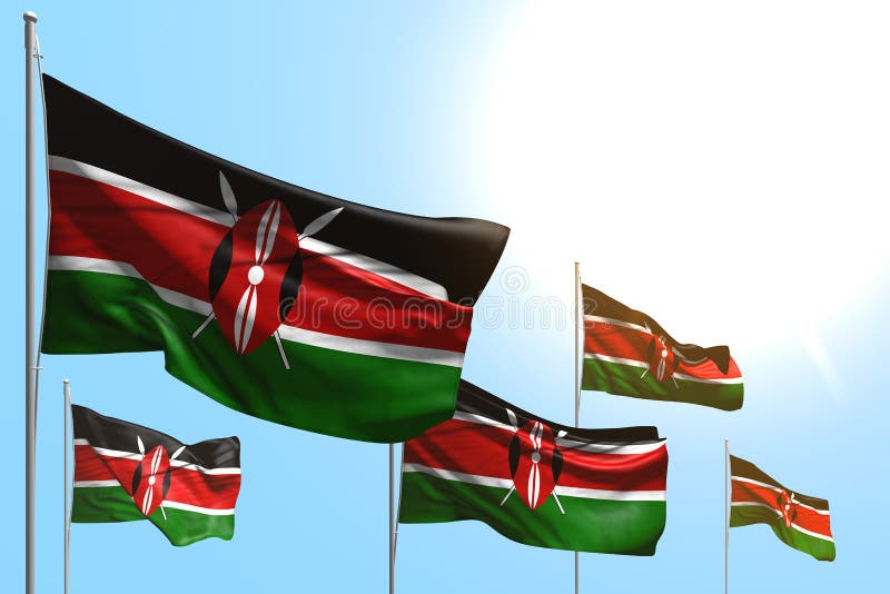 Beautiful any feast flag 3d illustration - 5 flags of Kenya are waving on blue sky background stock illustration
