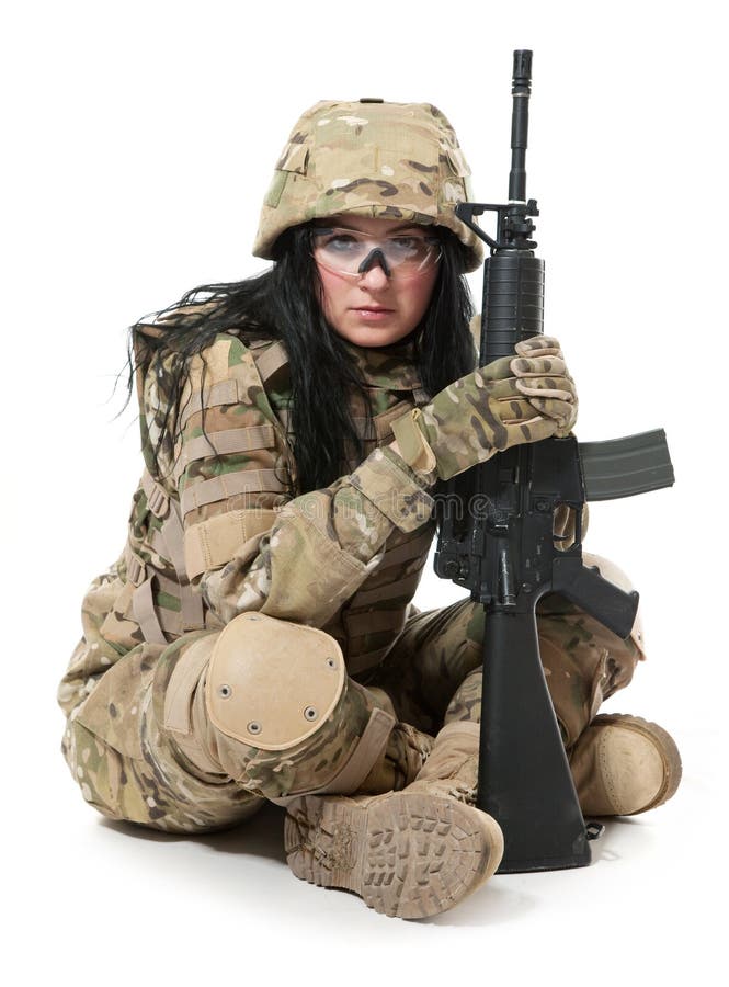 Beautiful army girl with rifle royalty free stock photo