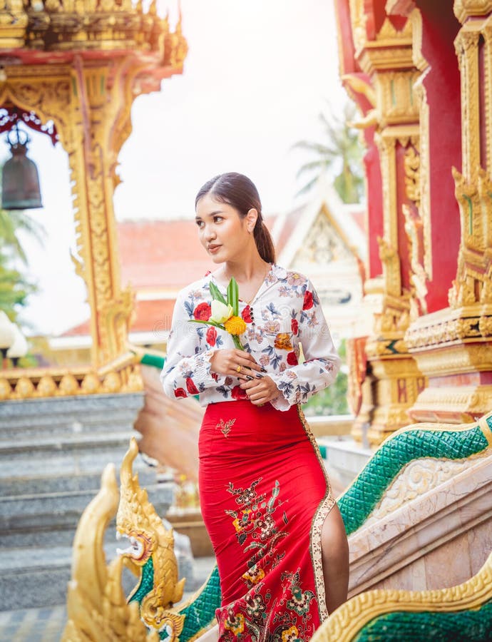 Beautiful Asian Girl at Big Buddhist Temple Dressed in Traditional ...