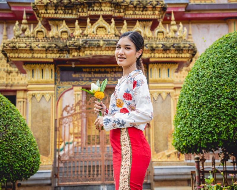 Beautiful Asian Girl at Big Buddhist Temple Dressed in Traditional ...