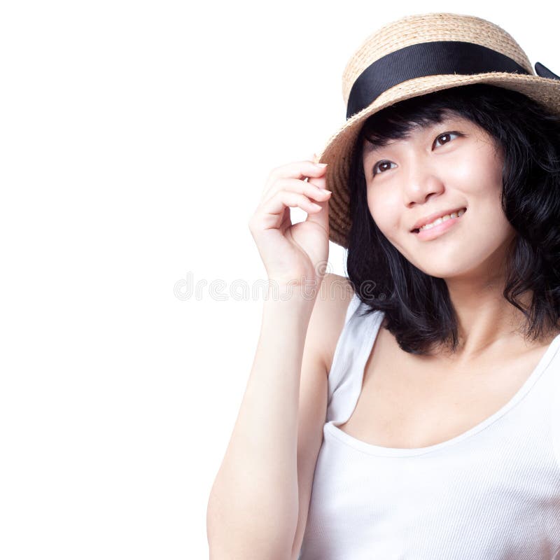 Beautiful Asian girl in deep happy thoughts