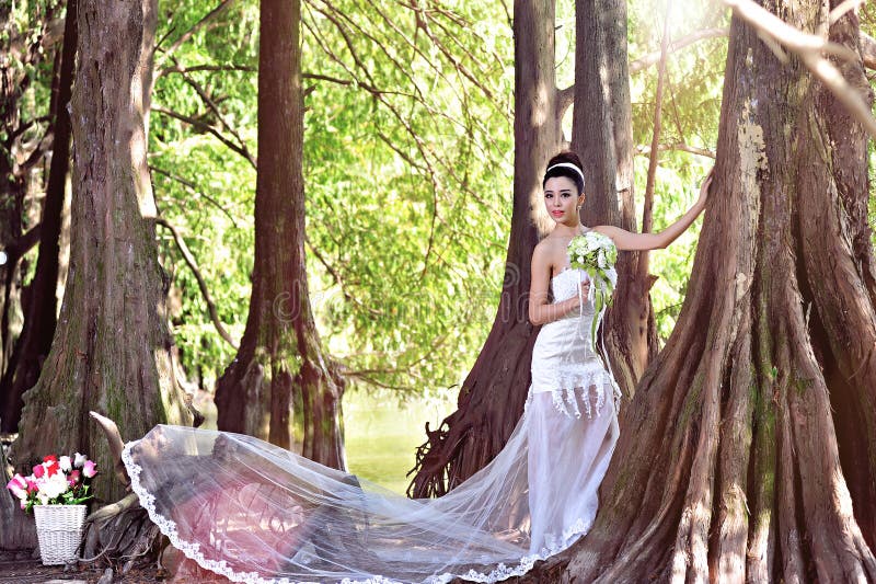 Beautiful Asian girl in a wedding dress showing happy moments stock images Beautiful Asian girl in a wedding dress showing happy moments stock images