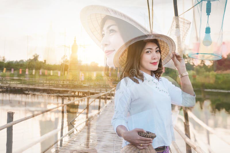 Beautiful Asian Woman in Local Dress Holding Fishing Trap Standing and ...