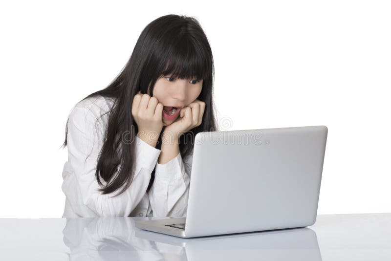 Asian woman sitting at desk stressed isolated on white background royalty free stock photos Asian woman sitting at desk stressed isolated on white background royalty free stock photos