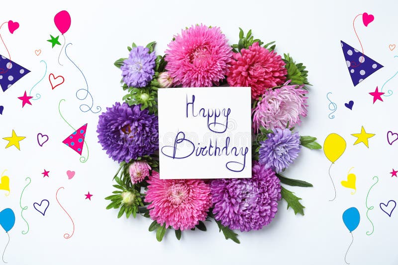 Beautiful aster flowers with sheet of paper on white background, top view stock photo Beautiful aster flowers with sheet of paper on white background, top view stock photo