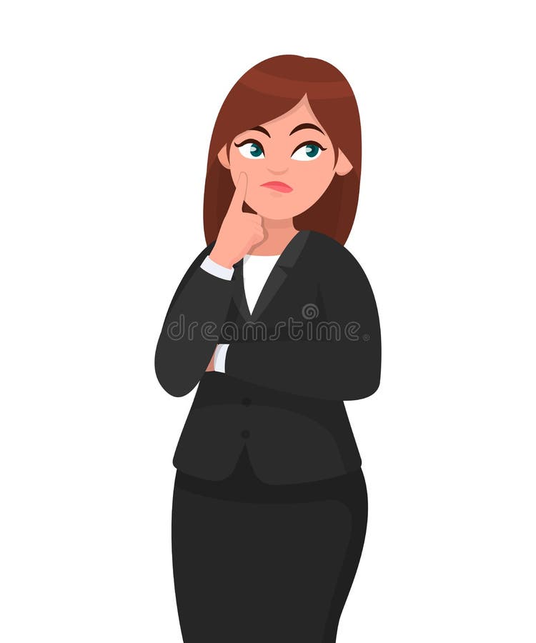 Beautiful attractive businesswoman thinking while touching her finger on face with thoughtful expression while looking up. stock illustration Beautiful attractive businesswoman thinking while touching her finger on face with thoughtful expression while looking up. stock illustration
