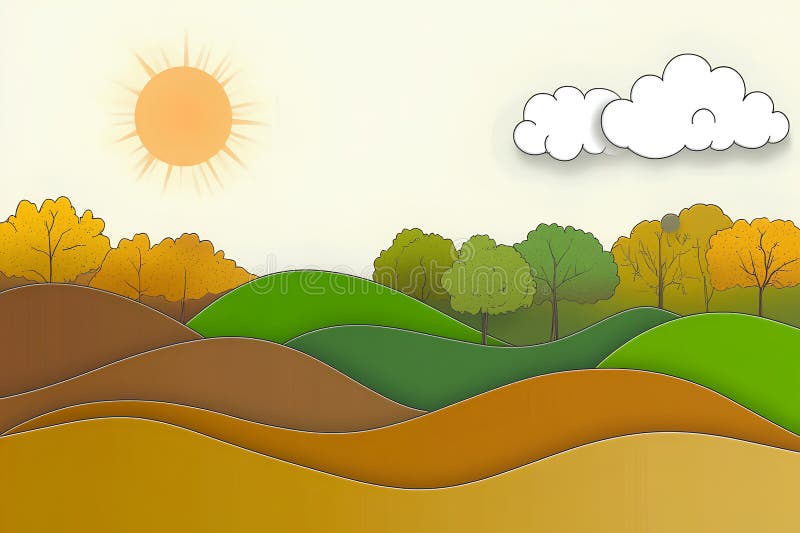Autumn landscape with hills, trees and clouds. vector illustration