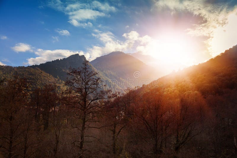 Beautiful autumn landscape, mountains at sunset on the island of Corsica, travel to France