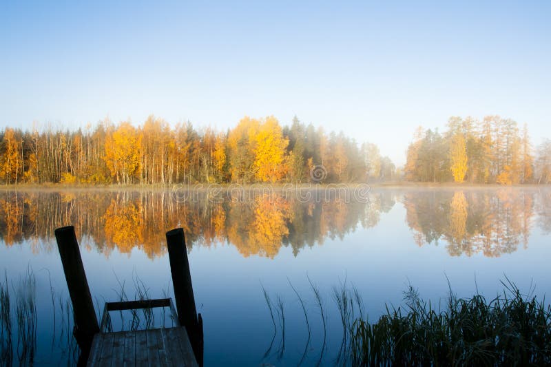 Beautiful Autumn Morning Landscape of Kymijoki River Waters and Pier in ...