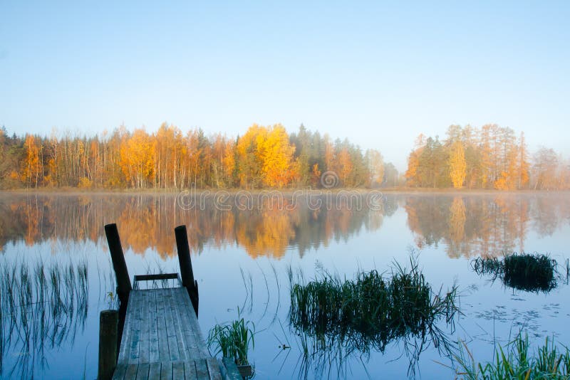 Beautiful Autumn Morning Landscape of Kymijoki River Waters and Pier in ...