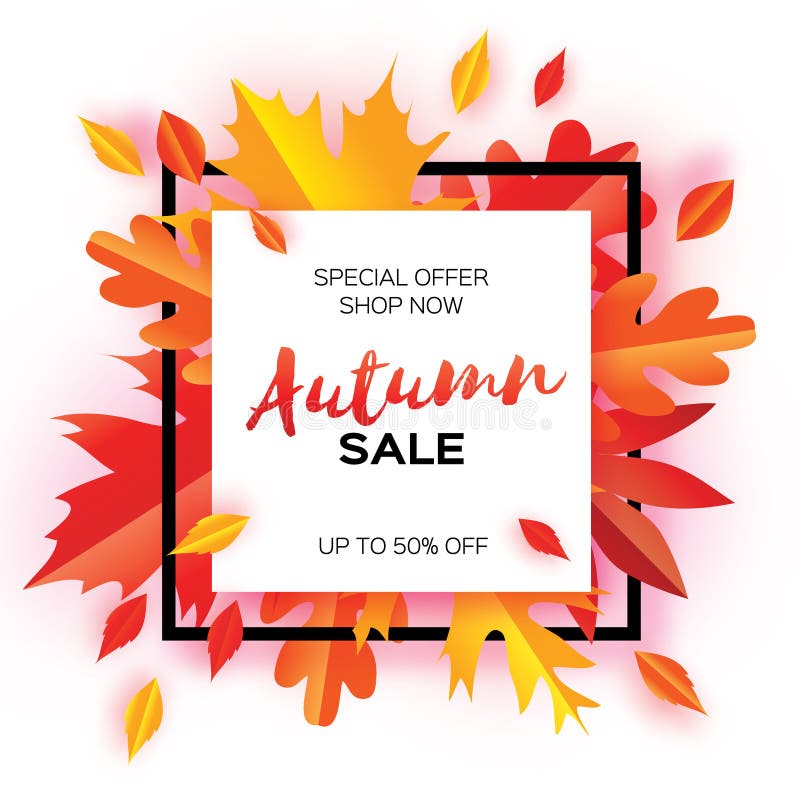 Beautiful Autumn paper cut leaves. Sale. September flyer template. Square frame. Space for text. Origami Foliage. Maple stock illustration Beautiful Autumn paper cut leaves. Sale. September flyer template. Square frame. Space for text. Origami Foliage. Maple stock illustration