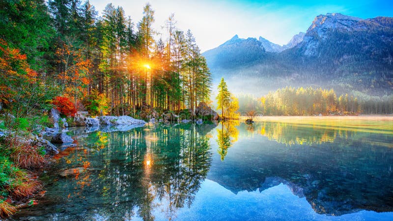 Beautiful Autumn Sunrise Scene with Trees Near Turquoise Water O Stock ...