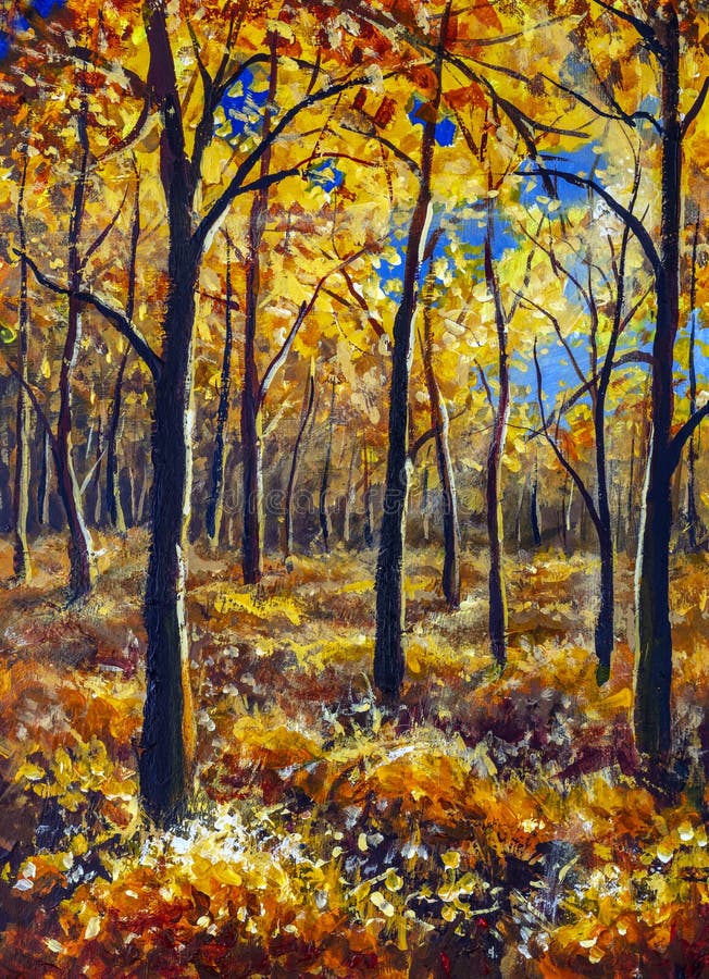 Beautiful autumn Trees In gold warm orange autumn Forest park alley oil painting