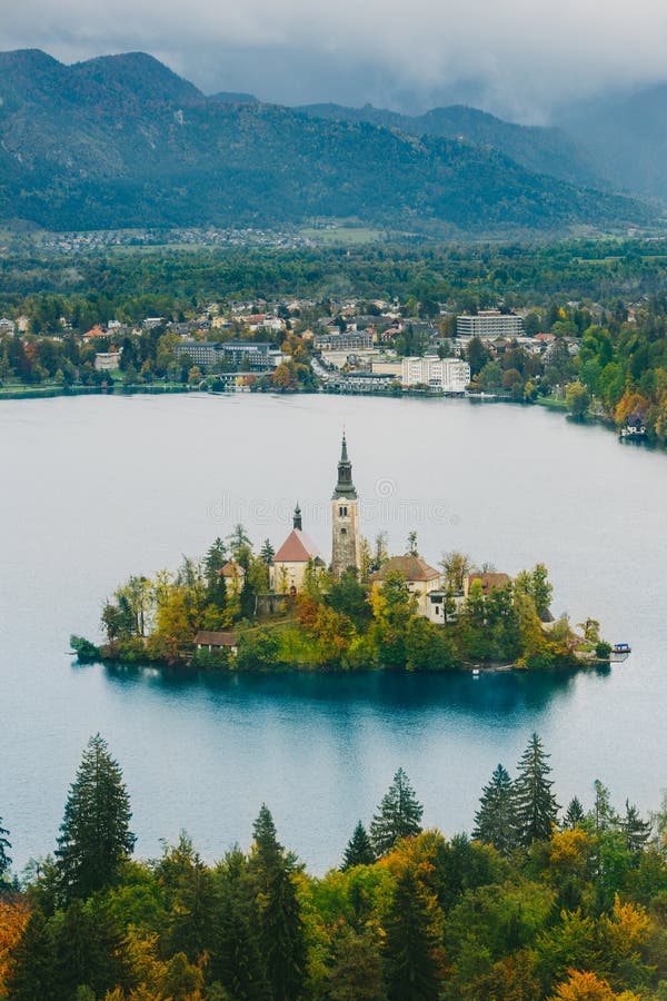 Beautiful autumnal aerial panoramic view of Lake Bled, Slovenia, Europe (Osojnica)