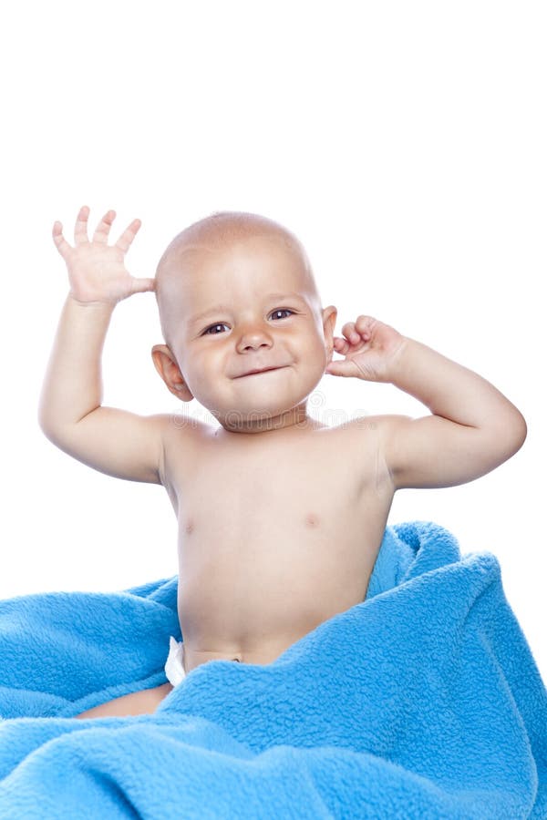 A beautiful baby with blue towel on white