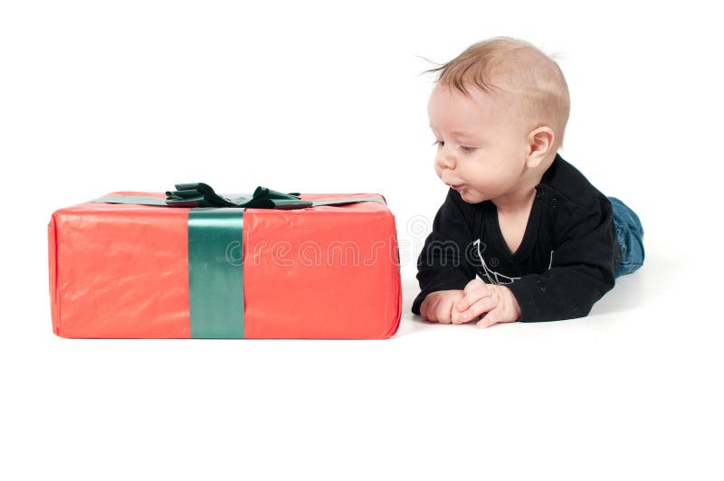 Beautiful Baby Boy and Big Christmas Present Stock Photo Image of