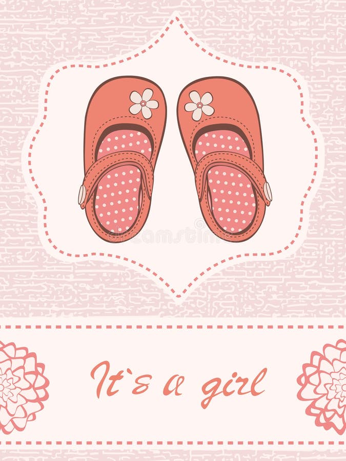 Beautiful baby girl announcement card with beautiful shoes royalty free illustration Beautiful baby girl announcement card with beautiful shoes royalty free illustration