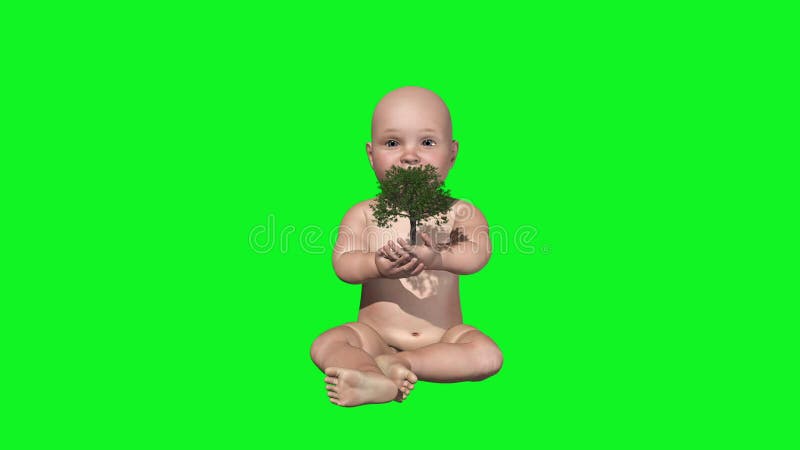 Beautiful Baby Holding Timelapse Growing Tree, Green Screen Chromakey