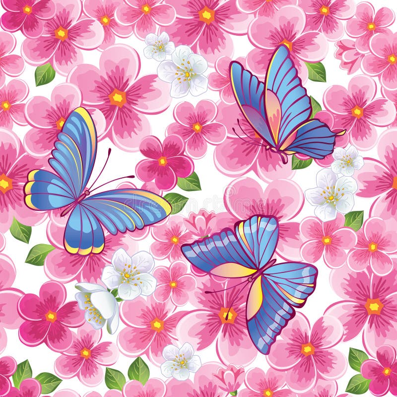 Beautiful background with pink flowers and butterfly with colored wings. Seamless illustration. Spring blossoming garden. Vector.