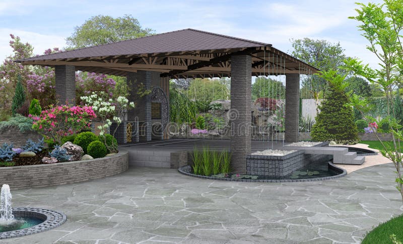 Beautiful backyard makeovers and patio water fountain features, 3D render