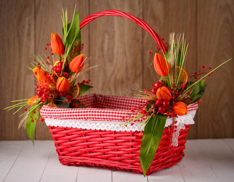 Beautiful Basket Is Decorated With A Flower Arrangement Stock Image