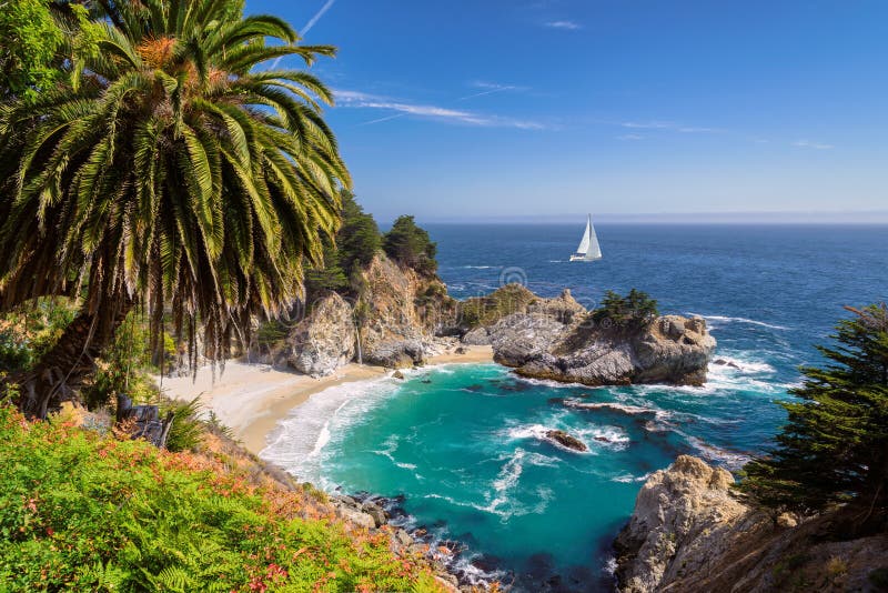 Beautiful beach with palm trees and the white yacht on the horizon