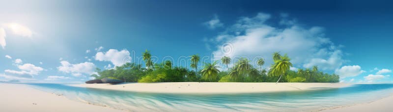 Beautiful beach with palms and turquoise sea Art Summer vacation ocean with island on background, Generative AI