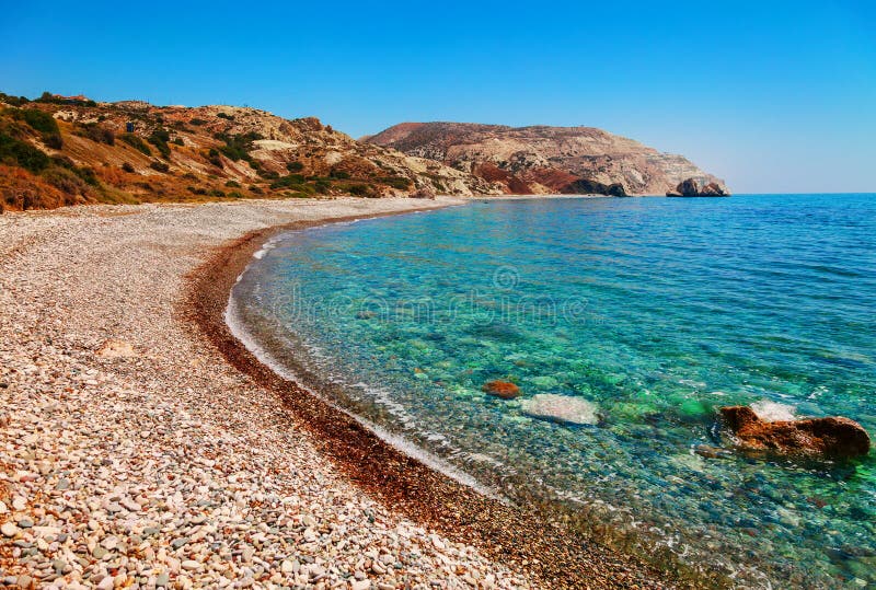 Beautiful beach on Petra tou Romiou (The rock of the Greek), Aphrodite& 39;s legendary birthplace in Paphos, Cyprus island, royalty free stock photos Beautiful beach on Petra tou Romiou (The rock of the Greek), Aphrodite& 39;s legendary birthplace in Paphos, Cyprus island, royalty free stock photos
