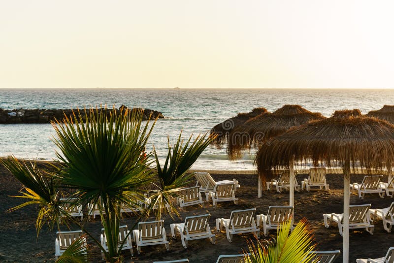 beautiful beach of Tenerife with reed umbrellas royalty free stock photos beautiful beach of Tenerife with reed umbrellas royalty free stock photos