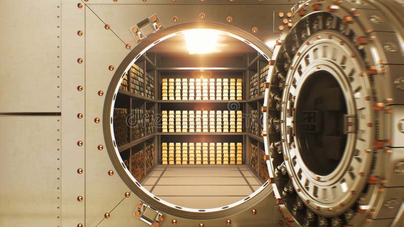Beautiful Big Round Vault Door Opening to the Golden Bullions Reserve. Abstract 3d Animation of Bank Gold Storage Room