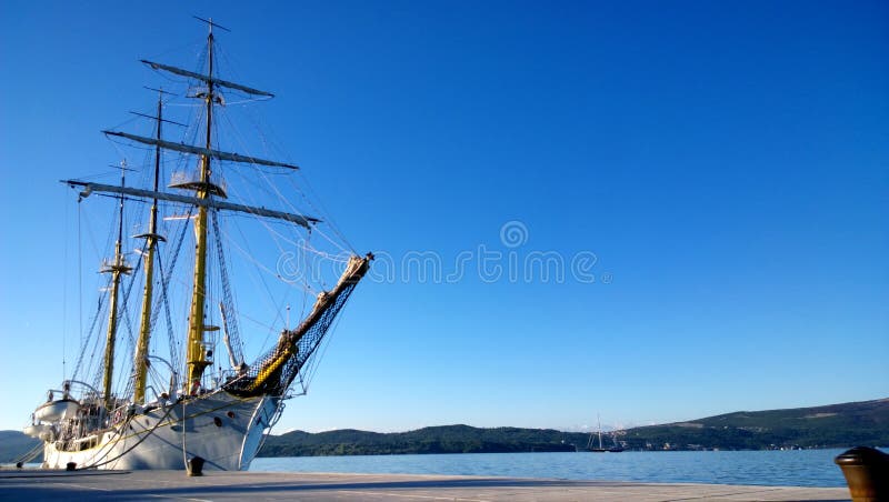 Beautiful big ship with matches near the shore of Tivat royalty free stock photos Beautiful big ship with matches near the shore of Tivat royalty free stock photos