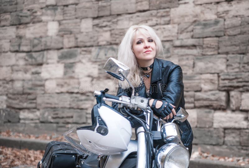 Beautiful Biker Woman Outdoor with Motorcycle. Stock Photo - Image of ...