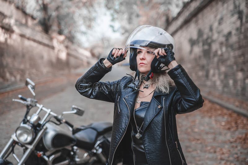 Beautiful Biker Woman Outdoor with Motorcycle. Stock Image - Image of ...