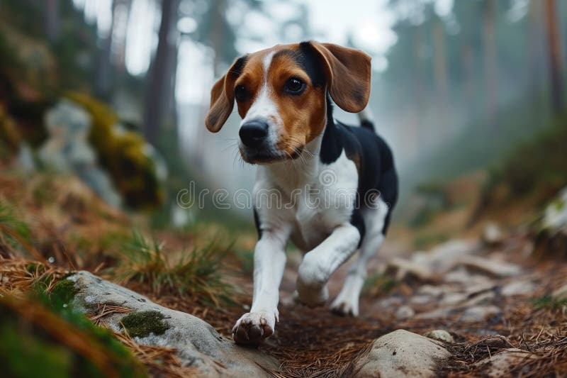 Beautiful black and white red dog Beagle running along the forest path to the camera stock photo