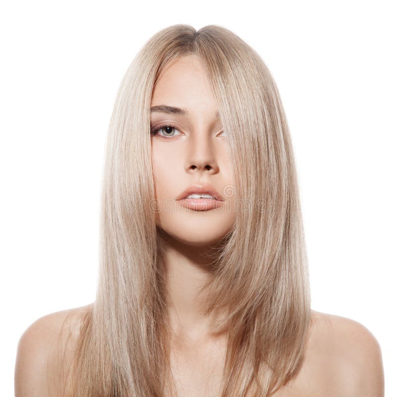 Beautiful Blond Girl. Healthy Long Hair. White Background stock photos