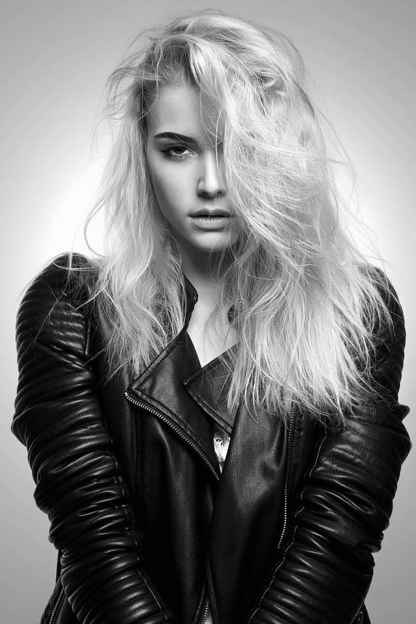 Beautiful Blond Girl in Leather Coat Stock Photo - Image of eyes, model ...
