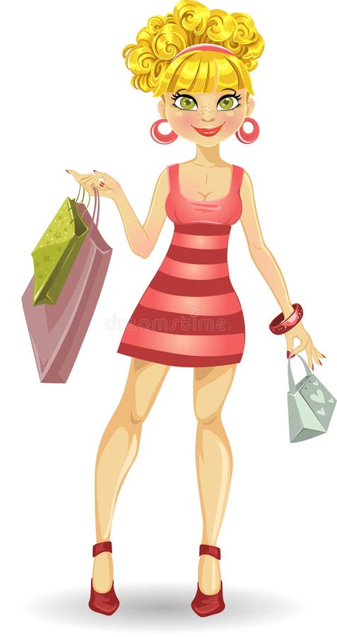 Beautiful blond girl with shopping bags in pink vector illustration Beautiful blond girl with shopping bags in pink vector illustration