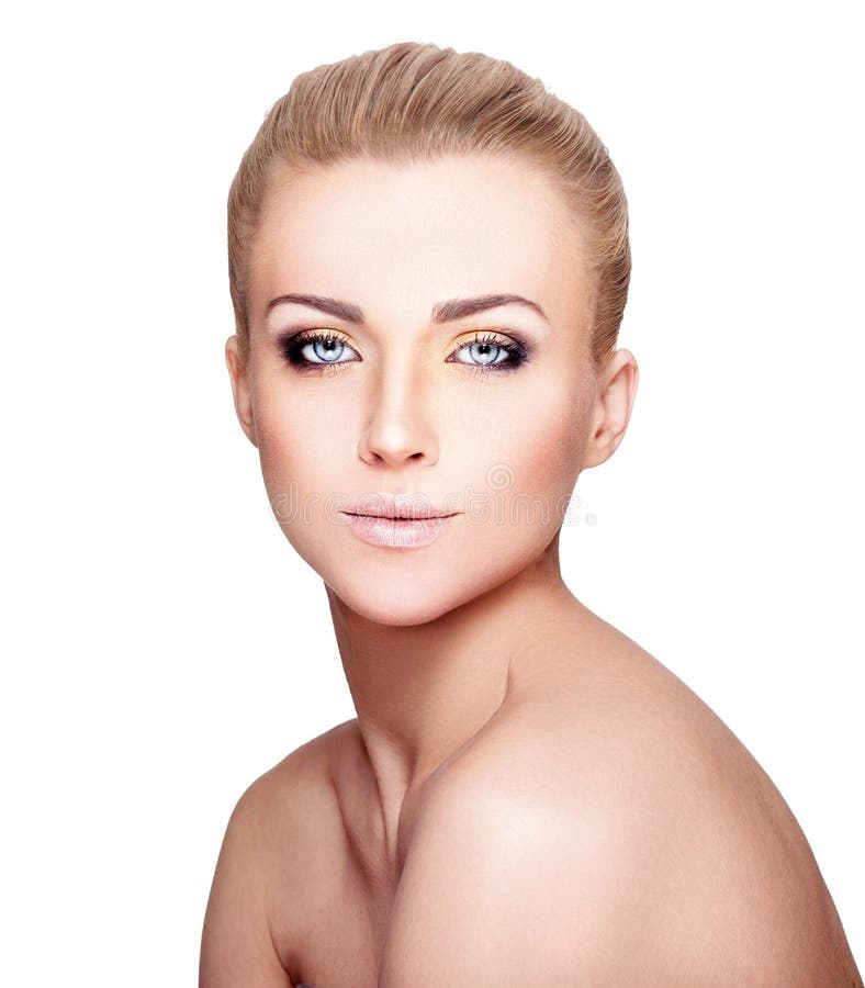 Beautiful Blond Woman Portrait on White Background. Face Beauty Stock