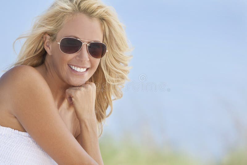 Blond Woman In White Dress And Sunglasses At Beach Stock Image Image Of Attractive Pretty 16276637 