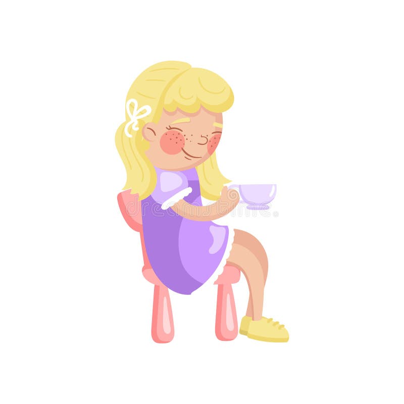 Beautiful blonde girl sitting on toy chair and holding tea cup, girl playing at tea party cartoon vector Illustration stock illustration Beautiful blonde girl sitting on toy chair and holding tea cup, girl playing at tea party cartoon vector Illustration stock illustration