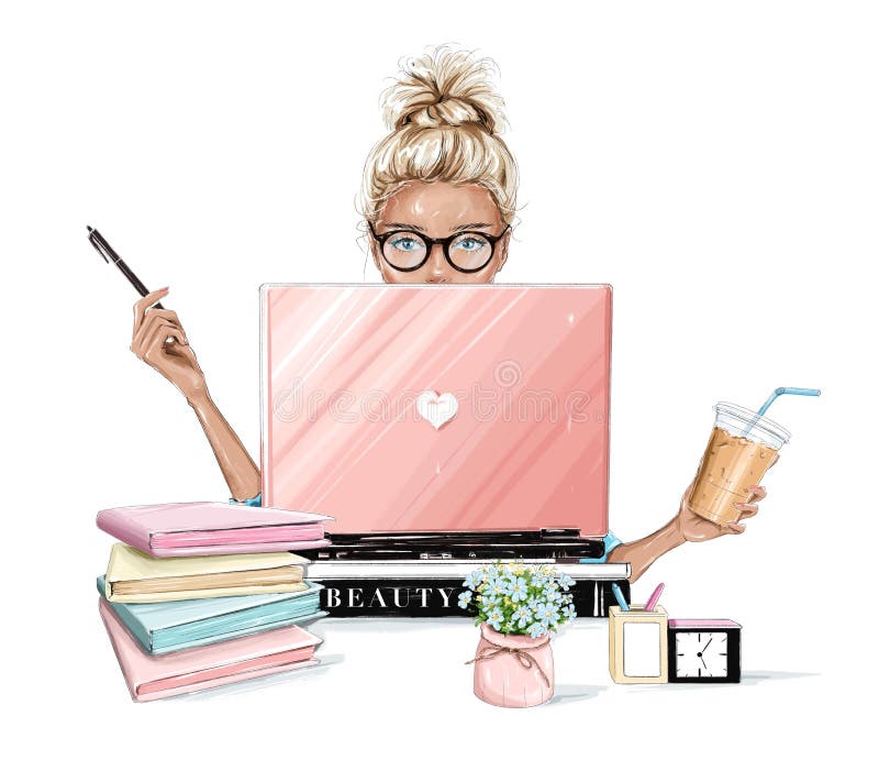 Beautiful blonde hair woman working on laptop computer. Pretty girl sitting at table, holding plastic coffee cup and using pen.