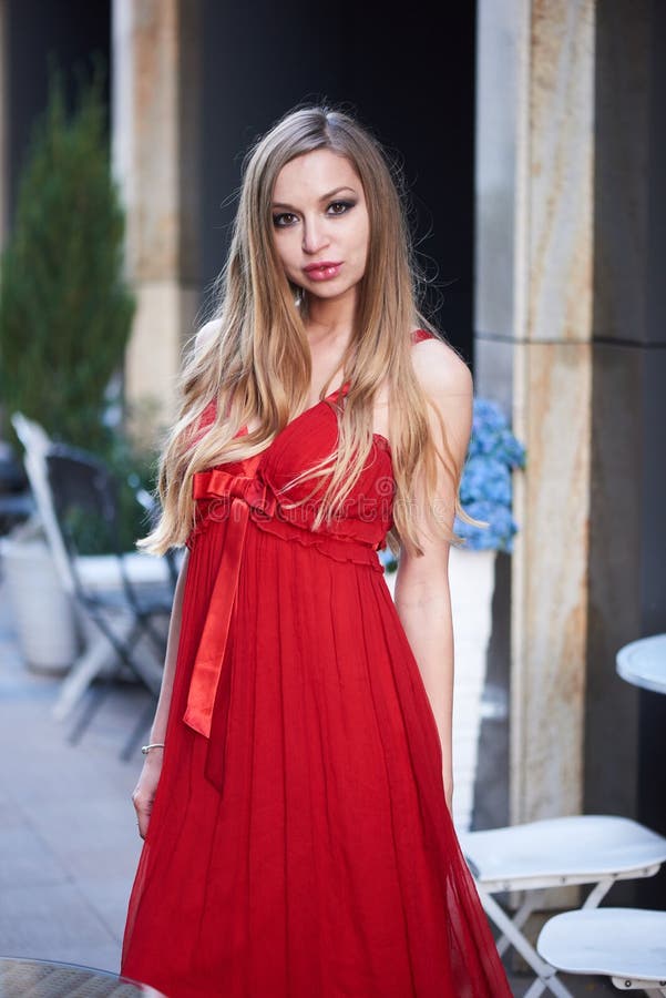 Beautiful Blonde Lady in Red Dress on White Square Stock Photo - Image ...