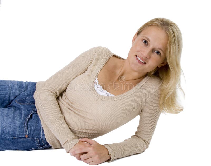 Beautiful Blonde Woman Casual Portrait Laying Down