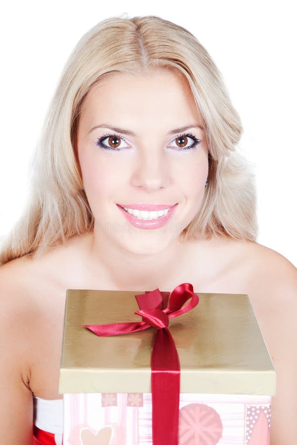 Beautiful Blonde Woman with Gift Boxes Over White Stock Photo Image