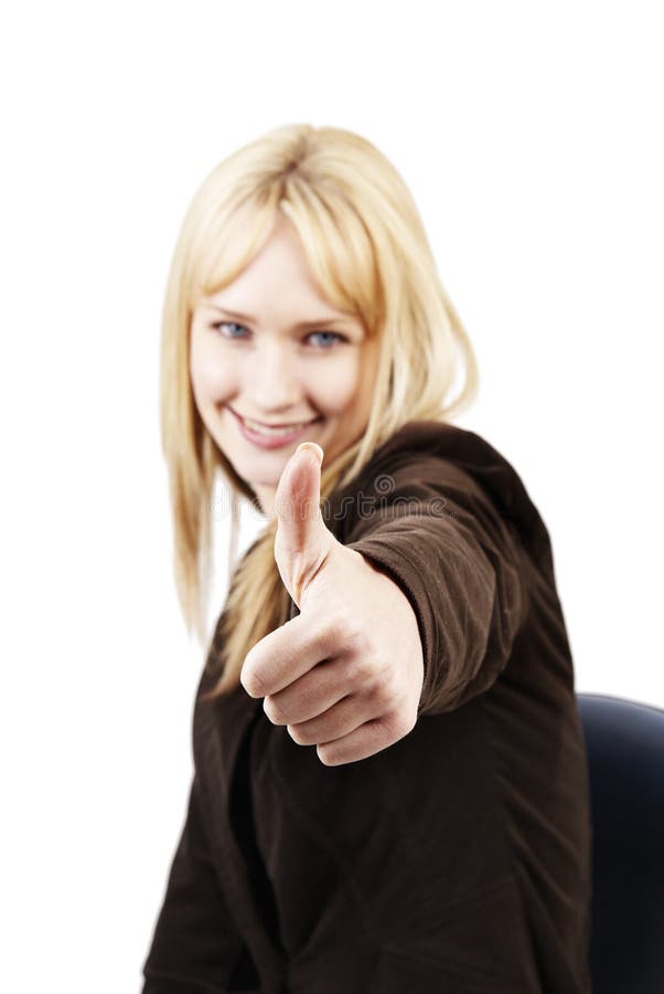 Beautiful blonde woman showing thumbs-up