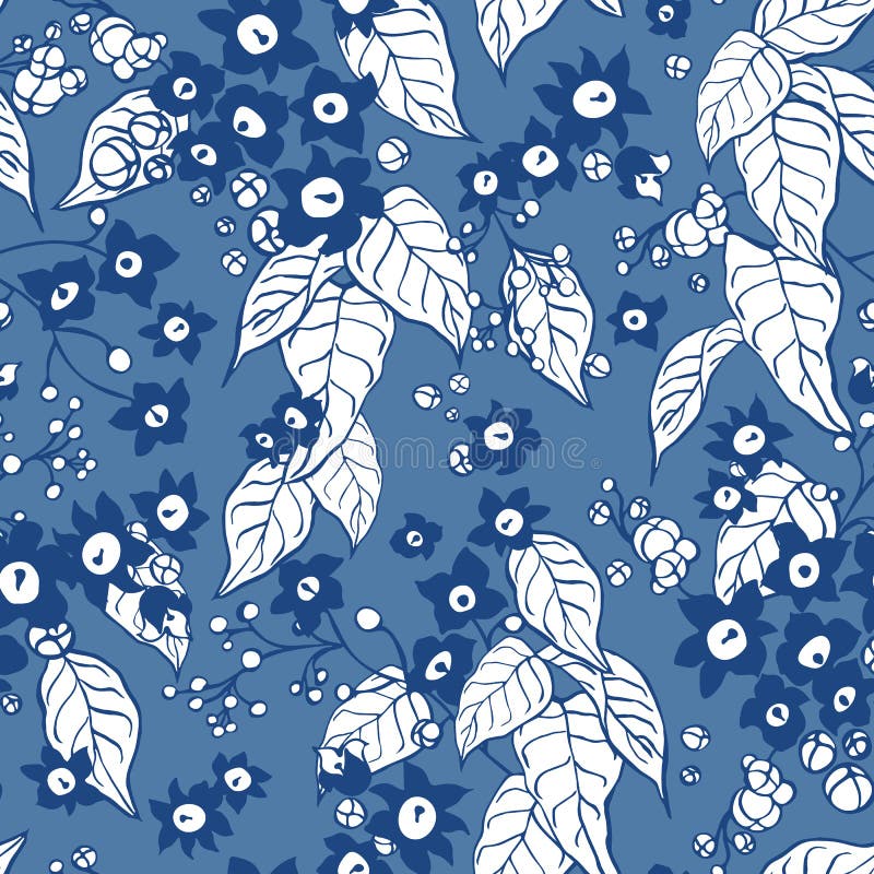 Beautiful blue blooming tree floral pattern with monochrome botanical motifs scattered random. Seamless vector texture royalty free illustration