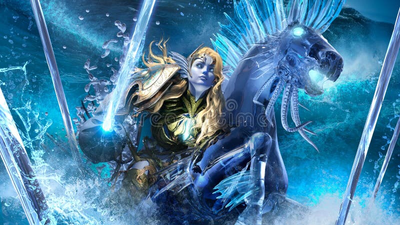 A beautiful blue-eyed cavalryman girl in golden plate armor rides a water horse riding a magic lance into battle on huge sea waves