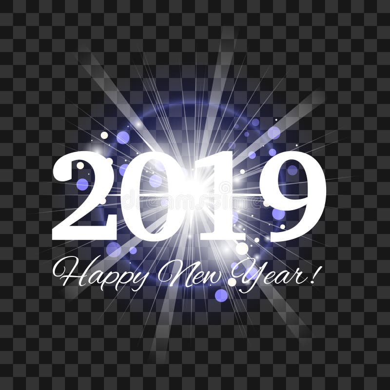 Beautiful blue fireworks with a bright flash of light and the words Happy New Year 2019 stock illustration Beautiful blue fireworks with a bright flash of light and the words Happy New Year 2019 stock illustration