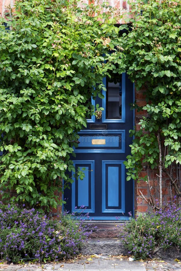 Beautiful blue front door in an old brick house overgrown